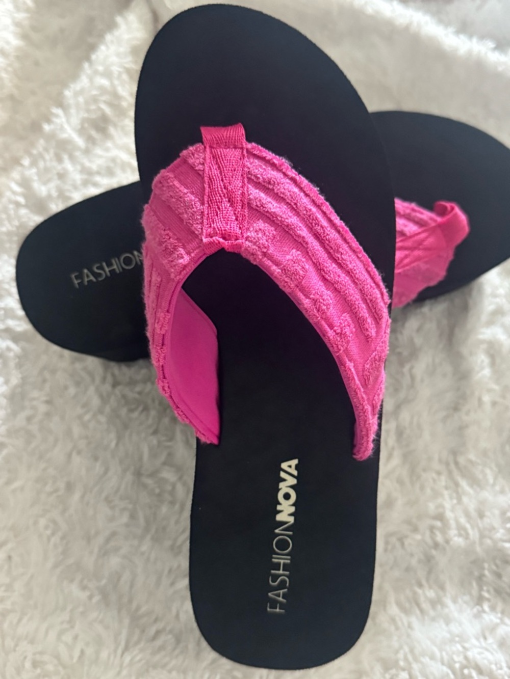 Fashion Nova Hot Pink Textured Thong Sandals with Black Footbed